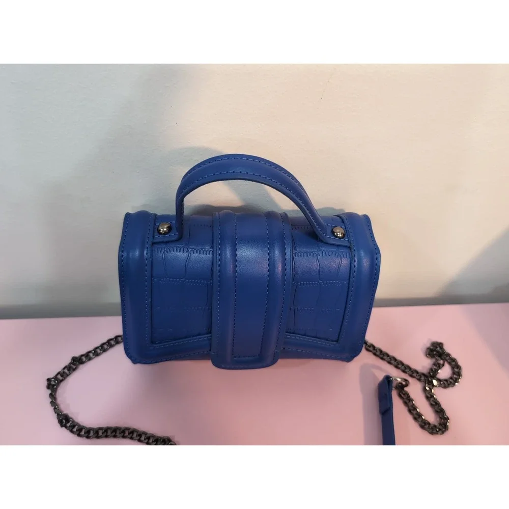 Royal Blue Embossed Small Crossbody Bag w/Chain Strap Top Handle Coquette Y2K